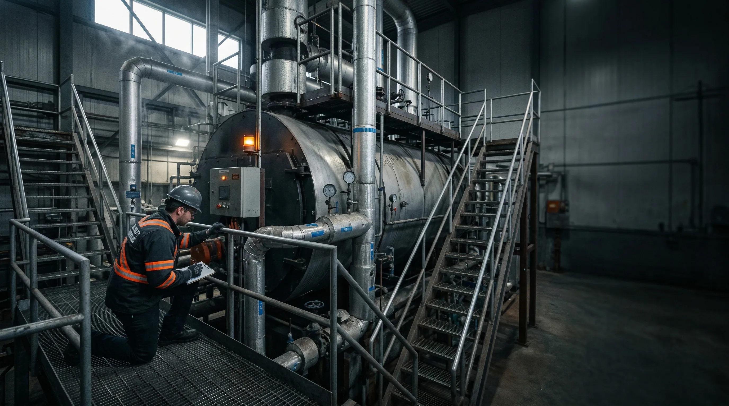 Chaudière industrielle dans un environnement exigeant avec technicien en évaluation