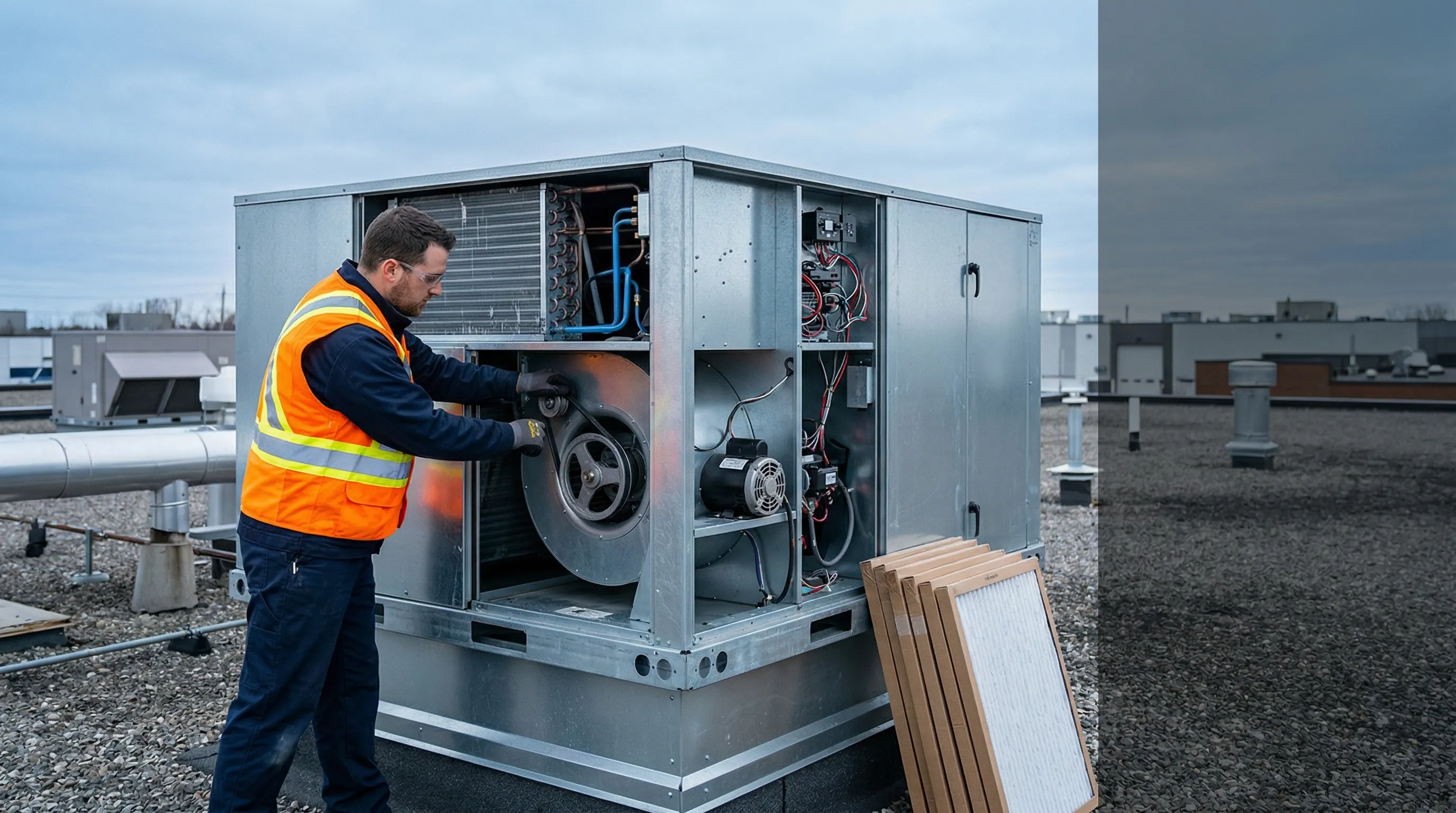 Technicien sur un toit commercial entretenant une unité de toit RTU ouverte