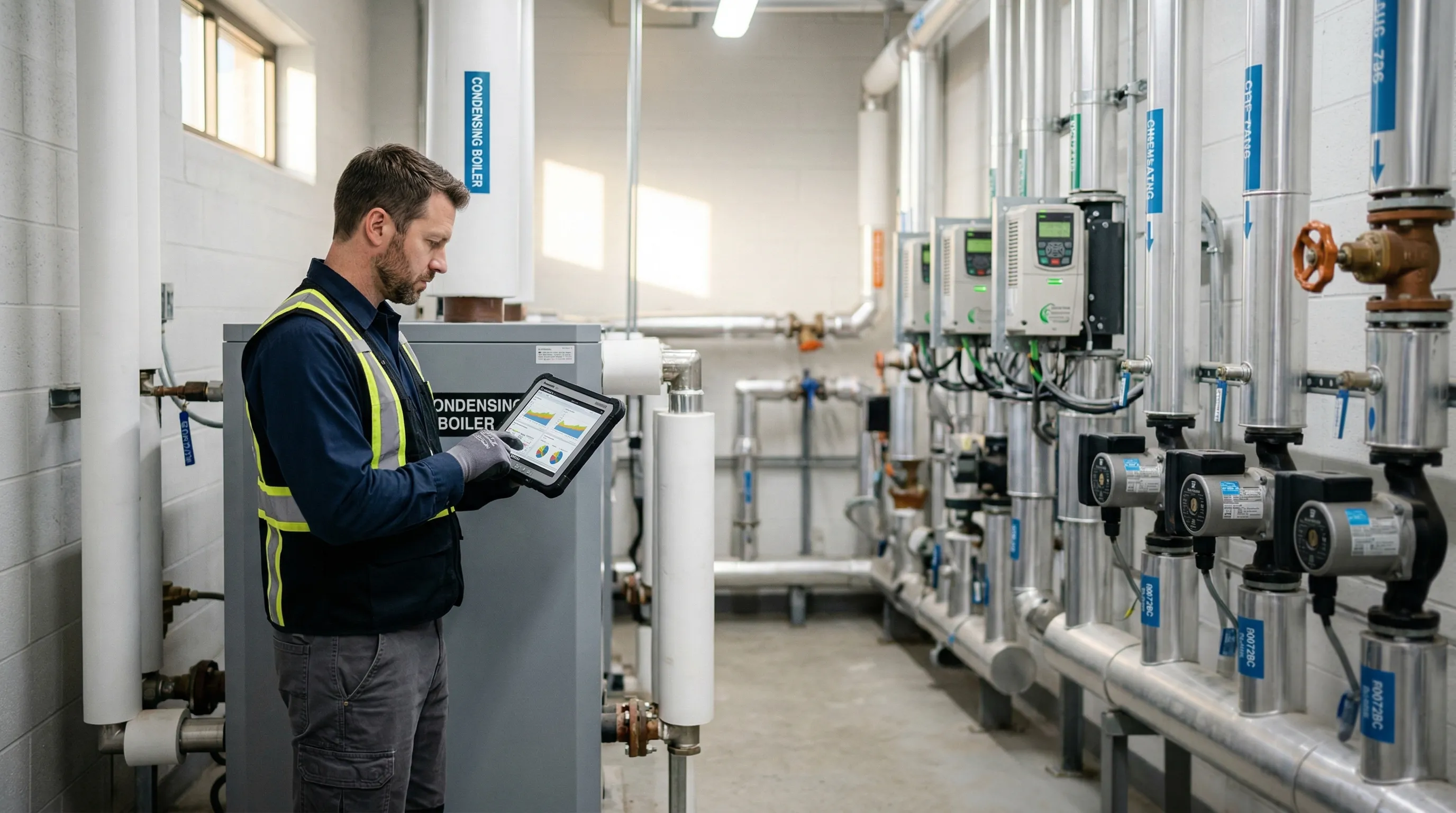 Ingénieur réalisant un audit énergétique dans une salle mécanique commerciale