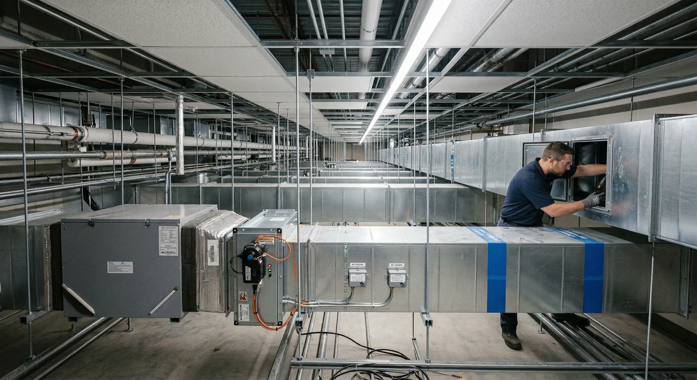 Réseau de ventilation commercial avec conduites galvanisées et registres motorisés